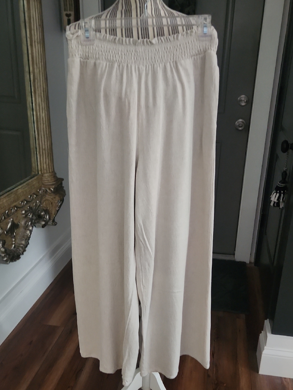 Wide Leg Elastic Waist Cream Linen Blend Pants